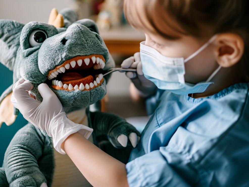 An AI image of a child playing dentist with a plush dinosaur